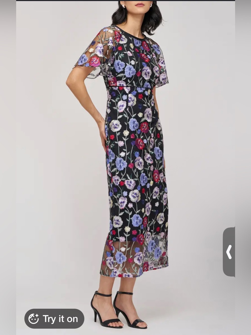 JS Collections Black Midi Dress with Pink & Purple Floral Embroidery